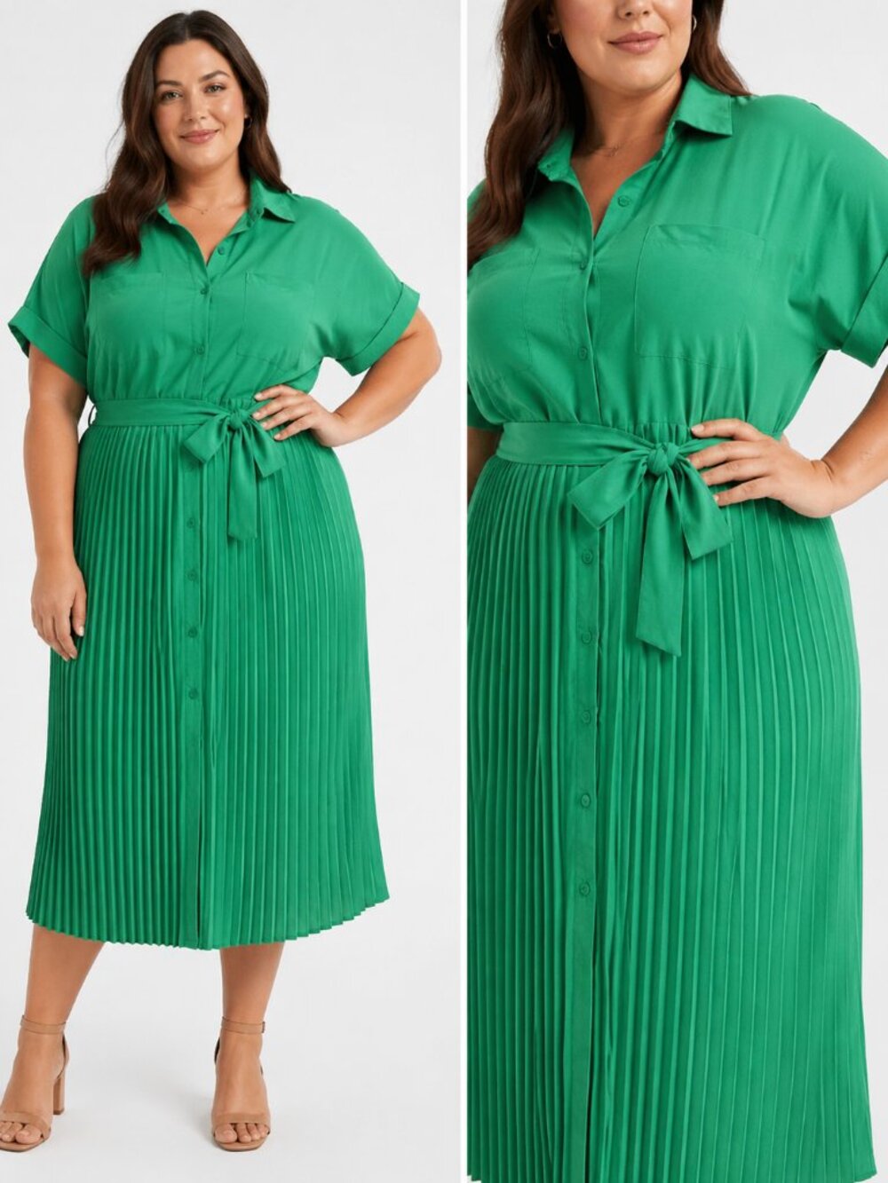 Her Destiny Green Pleated Midi Dress | Size XL | 100% Polyester | Button Front